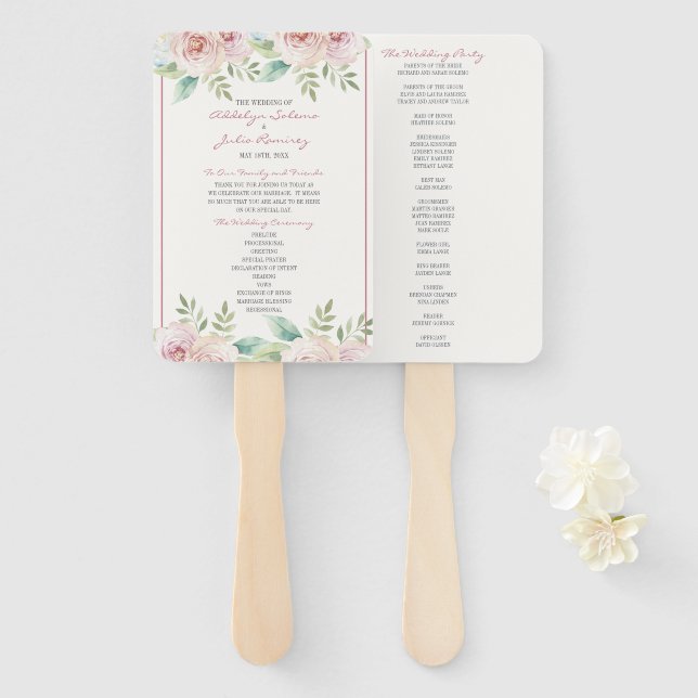 Abanico Boda de acuarela de primavera floral suave Ceremon (Anverso y reverso)