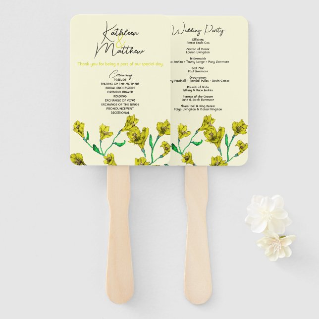 Abanico Boda de acuarela floral amarillo (Anverso y reverso)