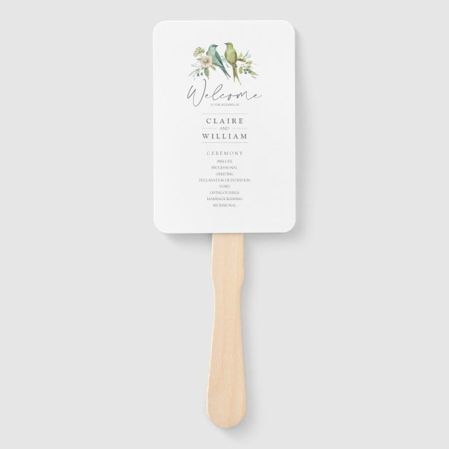 Abanico Boda de acuarela floral de Aves verdes azules (Anverso)