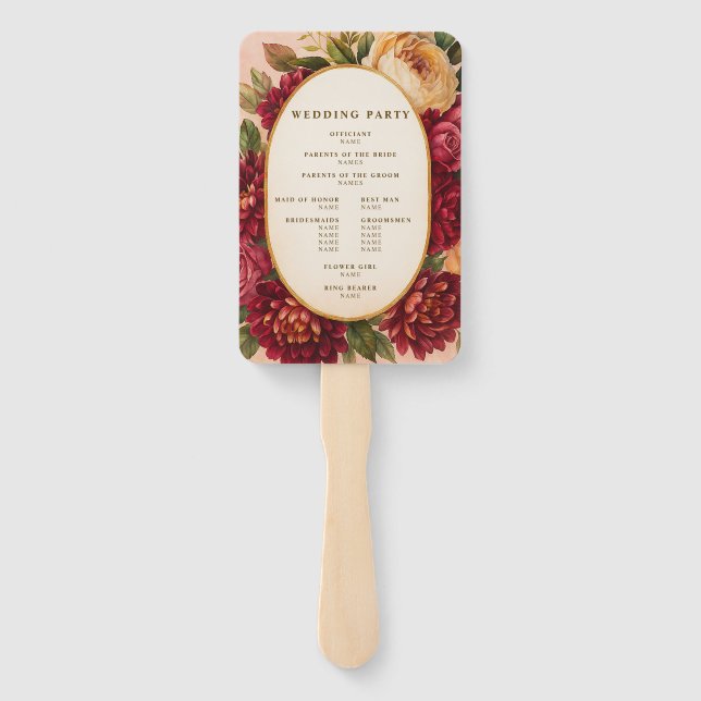 Abanico Boda de acuarela floral de Rubor Burgundy (Reverso)