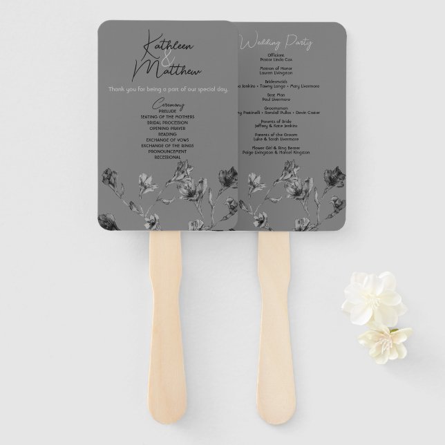 Abanico Boda de acuarela floral gris suave (Anverso y reverso)