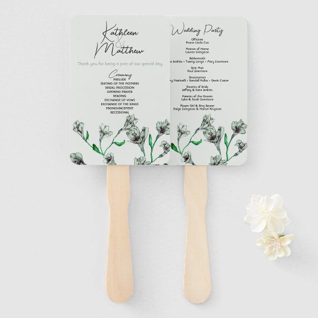 Abanico Boda de acuarela floral verde sage (Anverso y reverso)