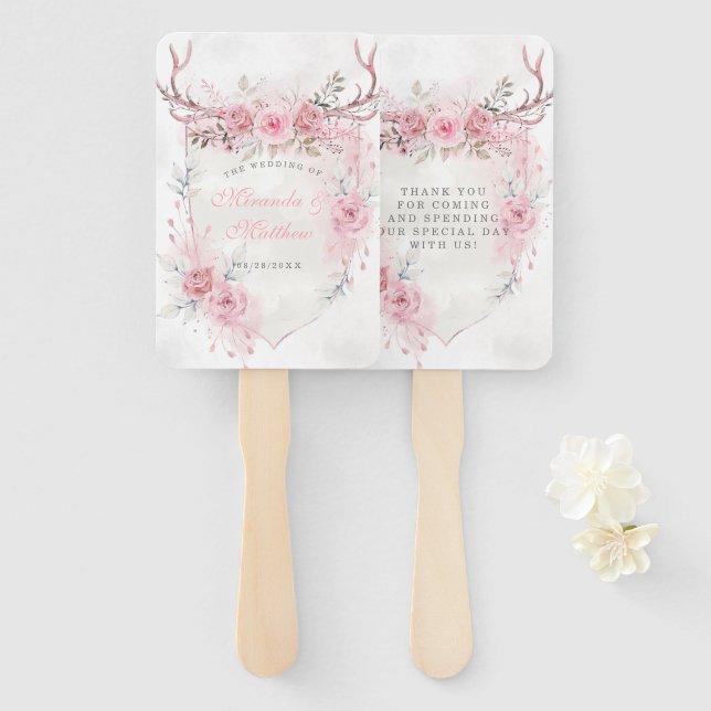 Abanico Boda de Antlers de venado de Rubor Pink Sage Peony (Anverso y reverso)
