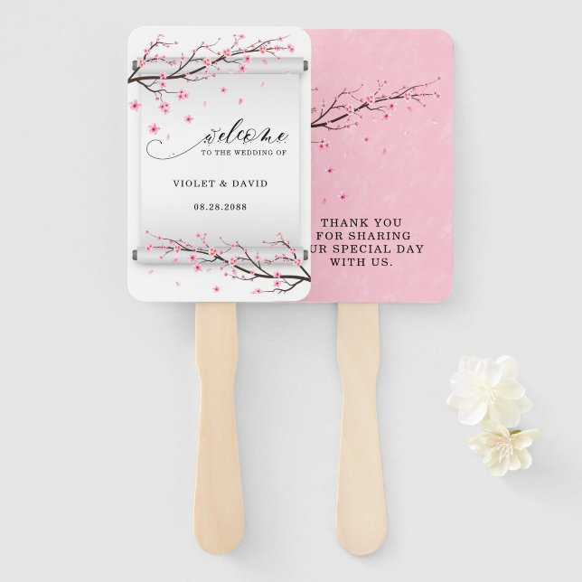 Abanico Boda de árbol de cerezo blanco pergamino japonés (Anverso y reverso)