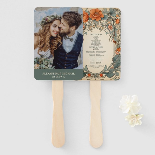 Abanico Boda de Art Nouveau floral vintage (Anverso y reverso)