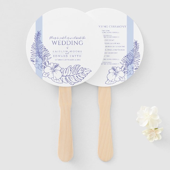 Abanico boda de arte de la línea de botánica tropical azul (Anverso y reverso)