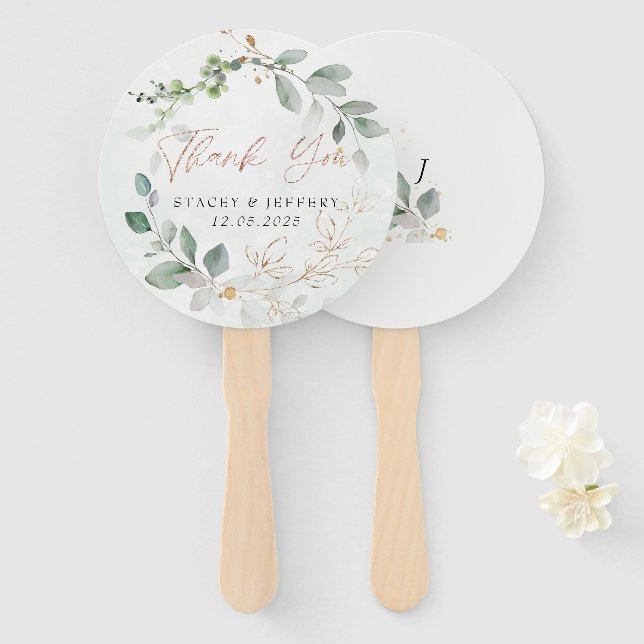 Abanico Boda de Caligrafía Dorada con Eucalipto Rústico  (Anverso y reverso)