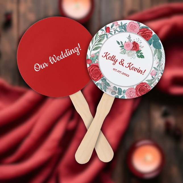 Abanico Boda de color rojo rosa (Red Rose Watercolor Wedding Hand Fan)