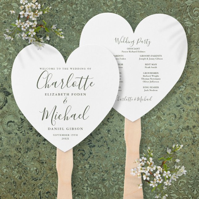 Abanico Boda de escritura verde oliva Ceremonia corazón (Olive Green Script Wedding Ceremony Heart Hand Fan)