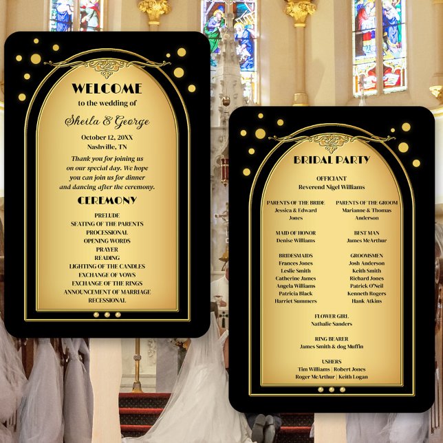 Abanico Boda de espárragos de oro negro (Classic gold and black wedding program hand fan with elegant sparkling gold confetti.)