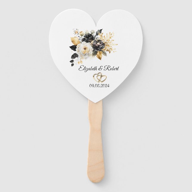 Abanico Boda de flores blancas y negras doradas  (Reverso)
