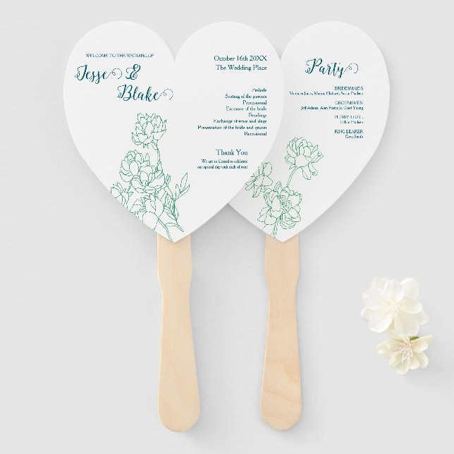 Abanico Boda de flores de peones de mano verde (Anverso y reverso)
