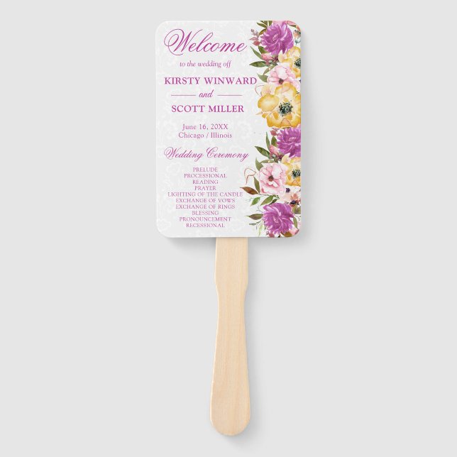 Abanico Boda de flores de verano rosadas y amarillas acuar (Anverso)
