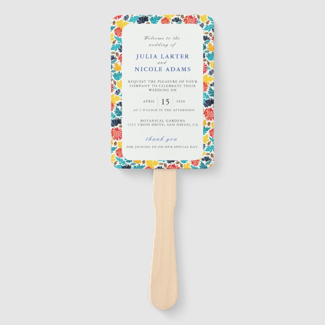 Abanico Boda de girasoles de color amarillo azul natural (Anverso)