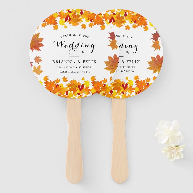 Abanico Boda de hojas de otoño rústico (Anverso y reverso)