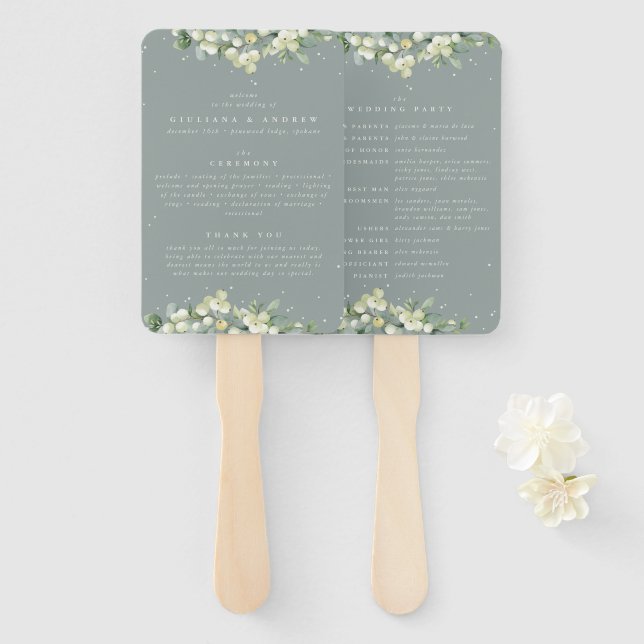 Abanico Boda de Invierno Seafoam Green Snowberry+Eucalyptu (Anverso y reverso)