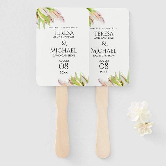 Abanico Boda de jardín personalizada de tulipanes rosados (Anverso y reverso)