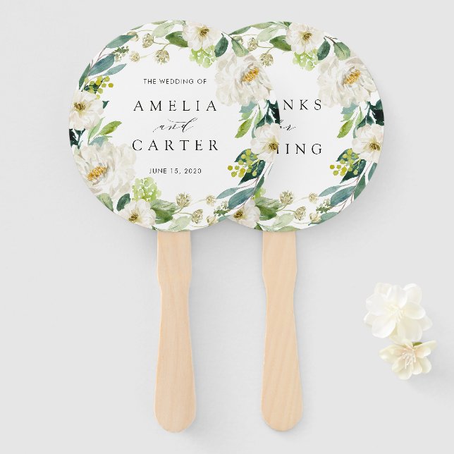 Abanico Boda de la guirnalda floral blanca (Anverso y reverso)