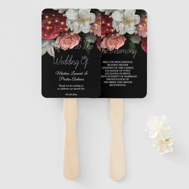 Abanico Boda de luces de cuerdas florales rusas de Borgoña (Anverso y reverso)