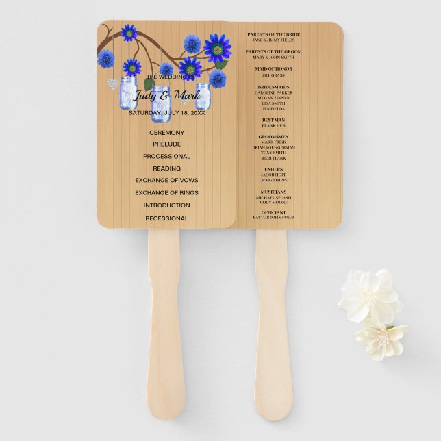 Abanico Boda de mason jars floral azul claro (Anverso y reverso)