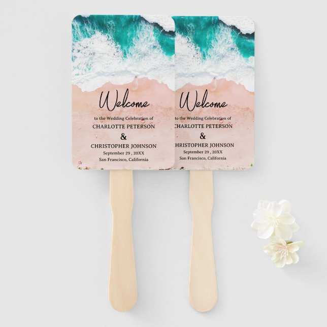 Abanico Boda de olas de mar y arena de playa (Anverso y reverso)