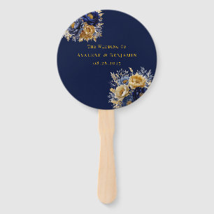 Abanico Boda de peonés acuarela azul y dorada de la marina