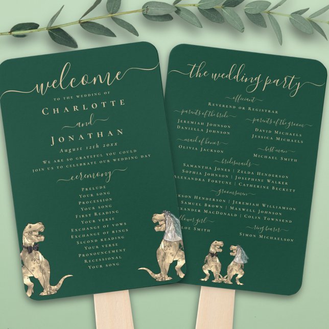 Abanico Boda de temas de dinosaurios Ceremonia Programa Ve (Dinosaur theme wedding program dark green fan fun T-Rex bride and groom dinos elegant modern script )