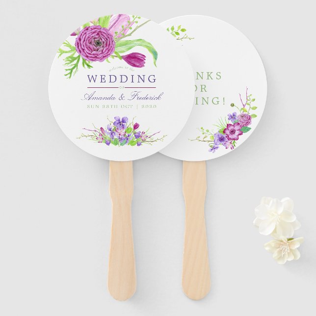 Abanico Boda de verano acuarela floral (Anverso y reverso)