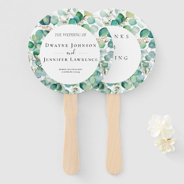 Abanico Boda de verano con vegetación de eucalipto boho (Anverso y reverso)