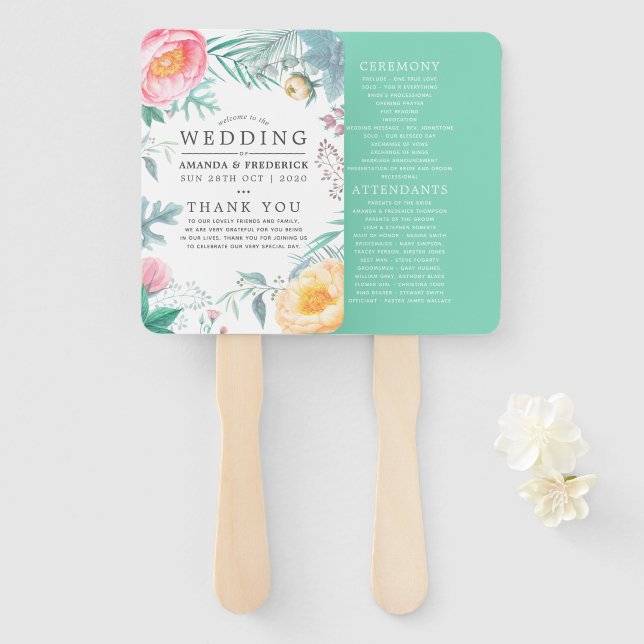 Abanico Boda de verano floral menta tropical (Anverso y reverso)