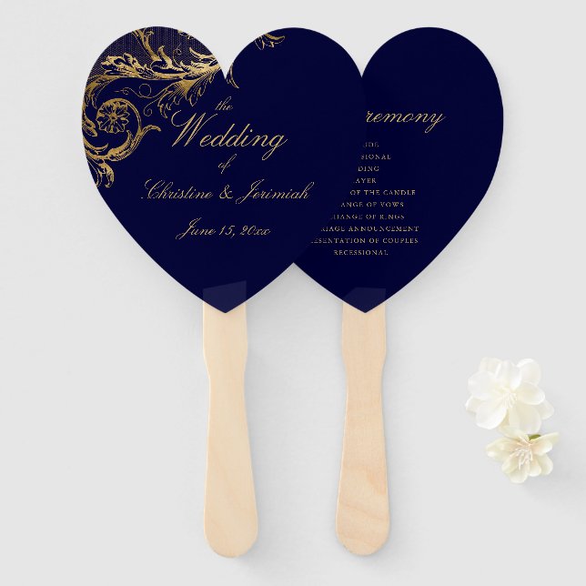 Abanico Boda elegante Blue Gold Floral Damask Script (Anverso y reverso)