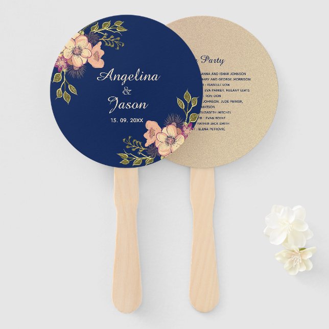 Abanico Boda elegante de azul marino (Anverso y reverso)