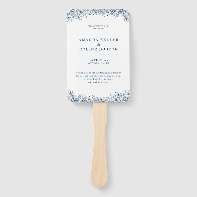 Abanico Boda elegante de Flor Blanca Azul (Anverso)