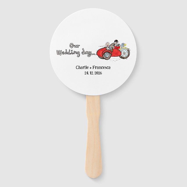 Abanico Boda en moto y sidecar (Anverso)
