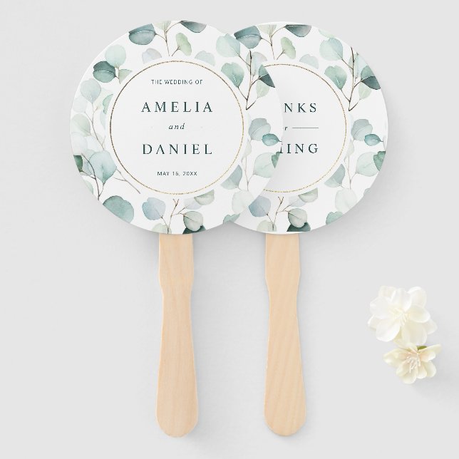 Abanico Boda Ethereal Eucalyptus Gold Frame Greenery (Anverso y reverso)