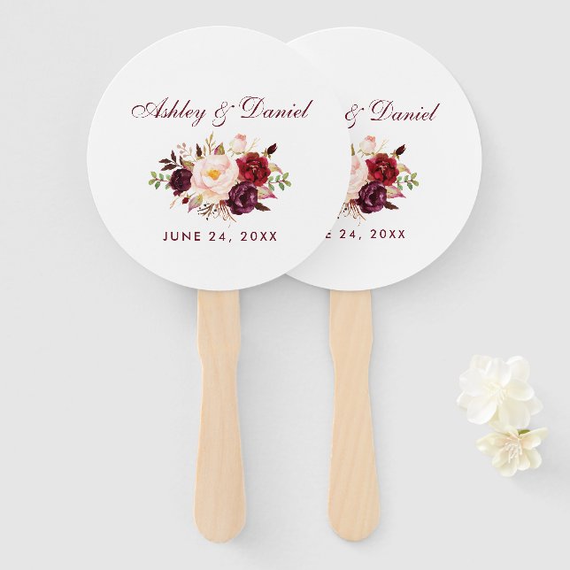 Abanico Boda floral acuático de Borgoña B (Anverso y reverso)