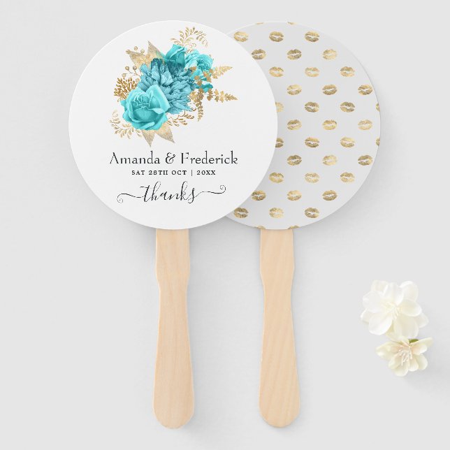 Abanico Boda floral Aqua Blue and Gold (Anverso y reverso)