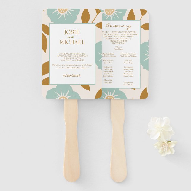Abanico Boda Floral Azul (Anverso y reverso)
