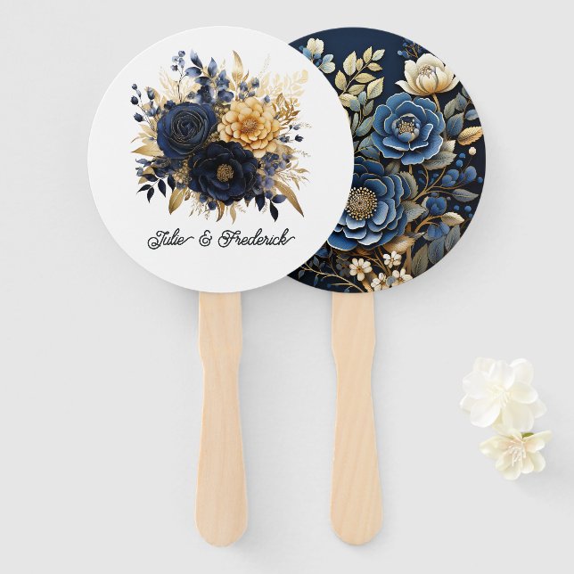 Abanico Boda floral azul marino y dorado (Anverso y reverso)