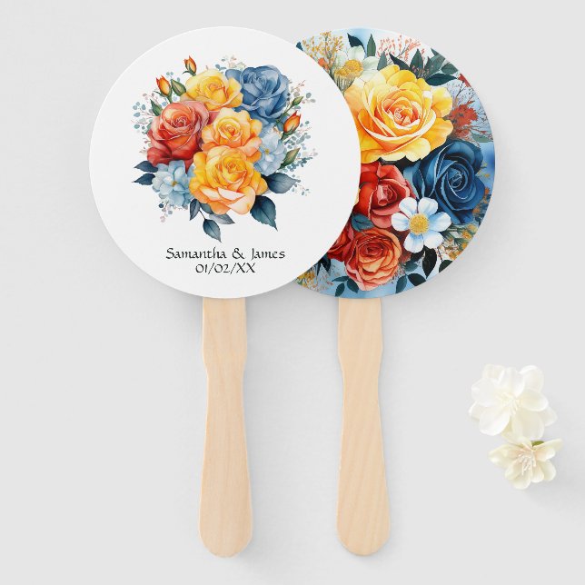 Abanico Boda floral azul, Naranja, amarillo y rojo (Anverso y reverso)