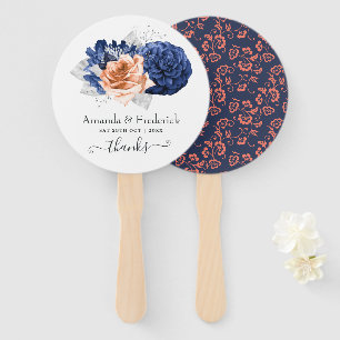 Abanico Boda floral de coral, azul marino y plata