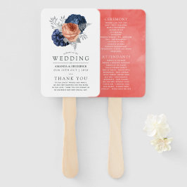 Abanico Boda floral de coral, azul marino y plata