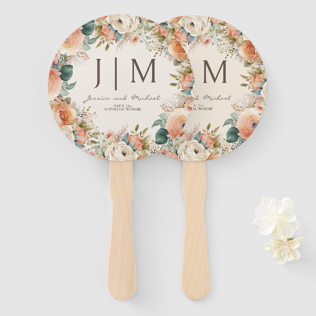 Abanico Boda Floral de Eucalipto con Crema de Melocotón (Anverso y reverso)