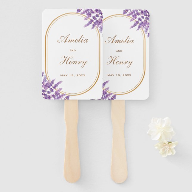 Abanico Boda floral de lavanda violeta morada moderna (Anverso y reverso)
