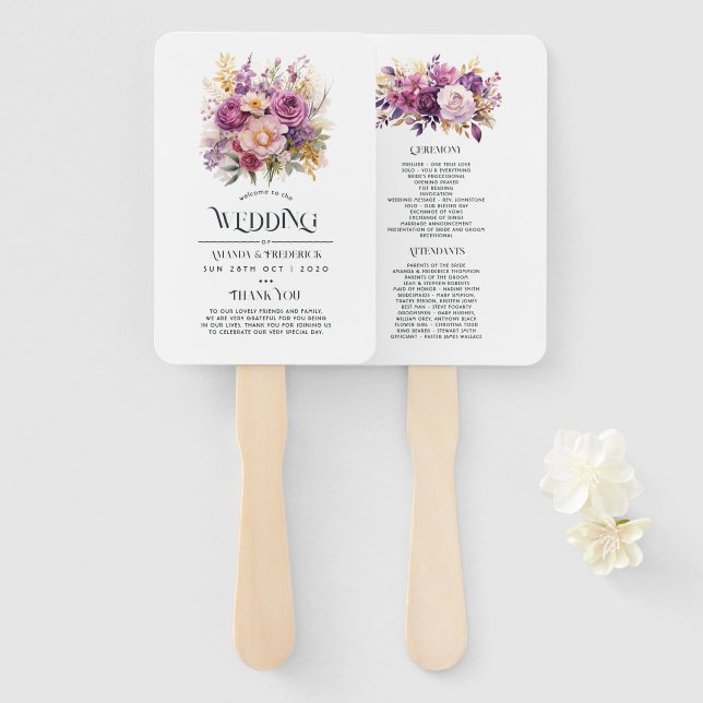 Abanico Boda Floral de Mauve y Oro (Anverso y reverso)