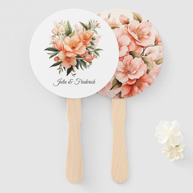 Abanico Boda floral de Peach Fuzz (Anverso y reverso)