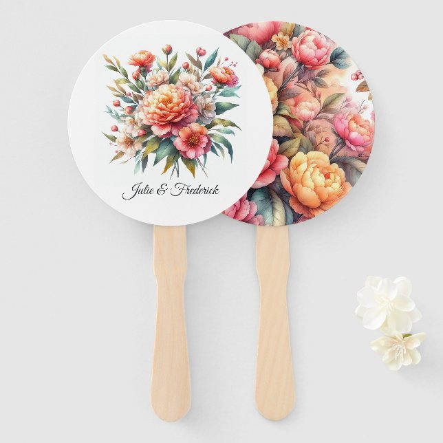 Abanico Boda floral de Peach Fuzz (Anverso y reverso)