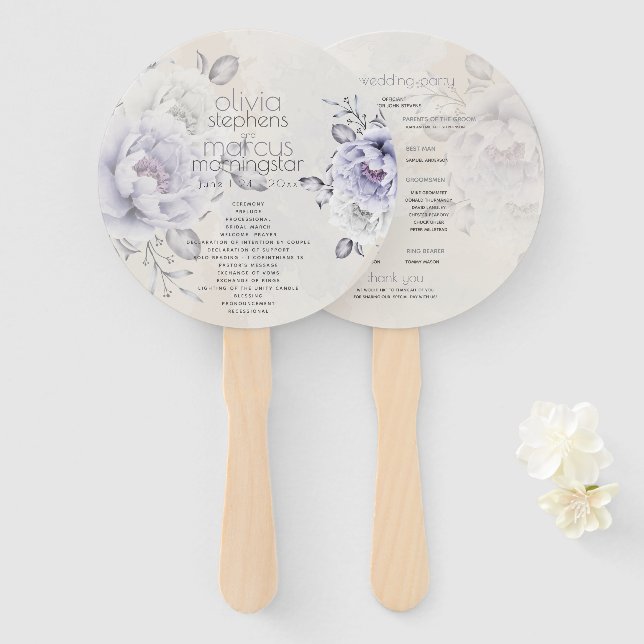Abanico Boda | Floral de peones rustica de Lilac y Alabast (Anverso y reverso)