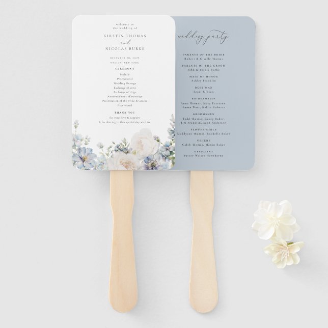 Abanico Boda Floral Dusty Blue Garden (Anverso y reverso)