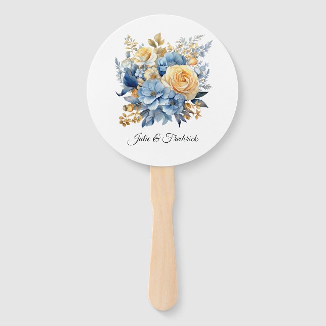 Abanico Boda Floral Dusty Blue y Gold (Anverso)